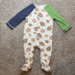 Mud Pie Football Print Kids Footie with Blue and Green Sleeves